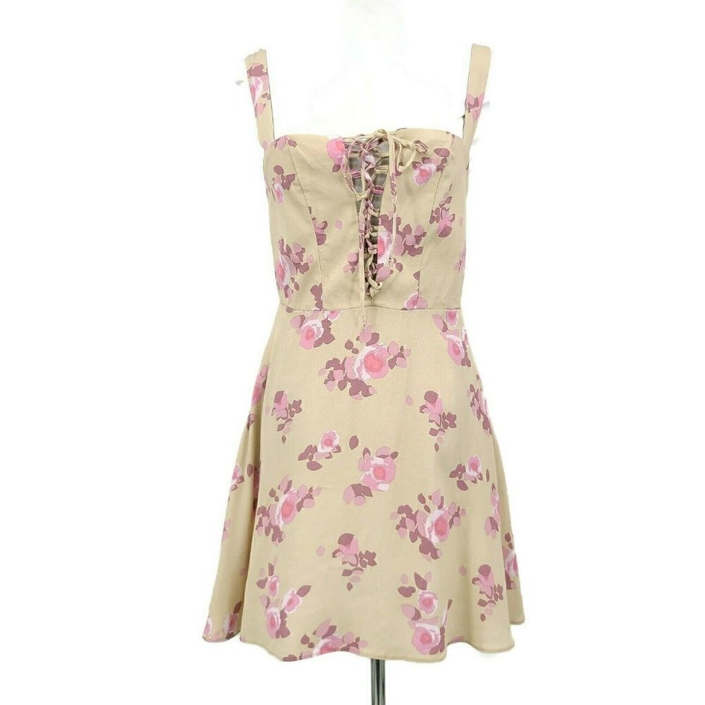 New Flynn Skye Leila Lace Front Mini Dress XS Pink Dreams Beige Pink Floral